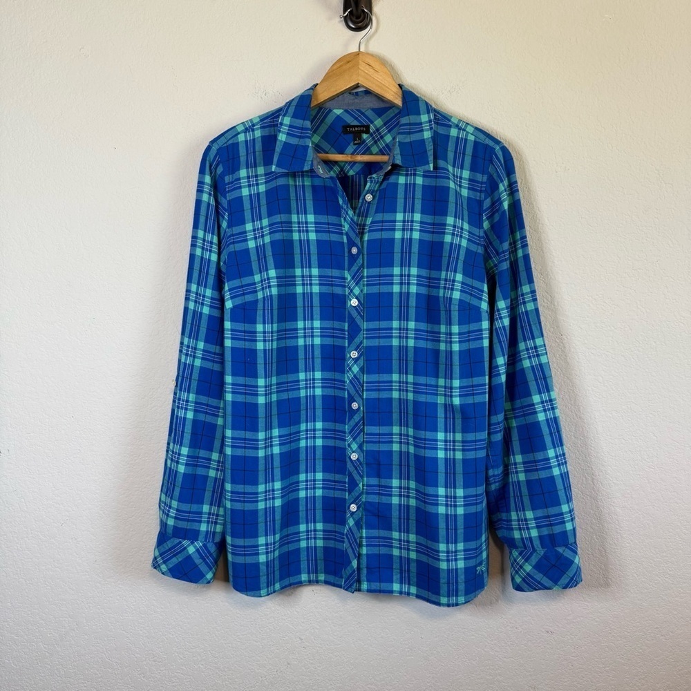 Talbots 100% Cotton Blue Plaid Button Up Classic Casual Shirt Roll Tab Sleeves